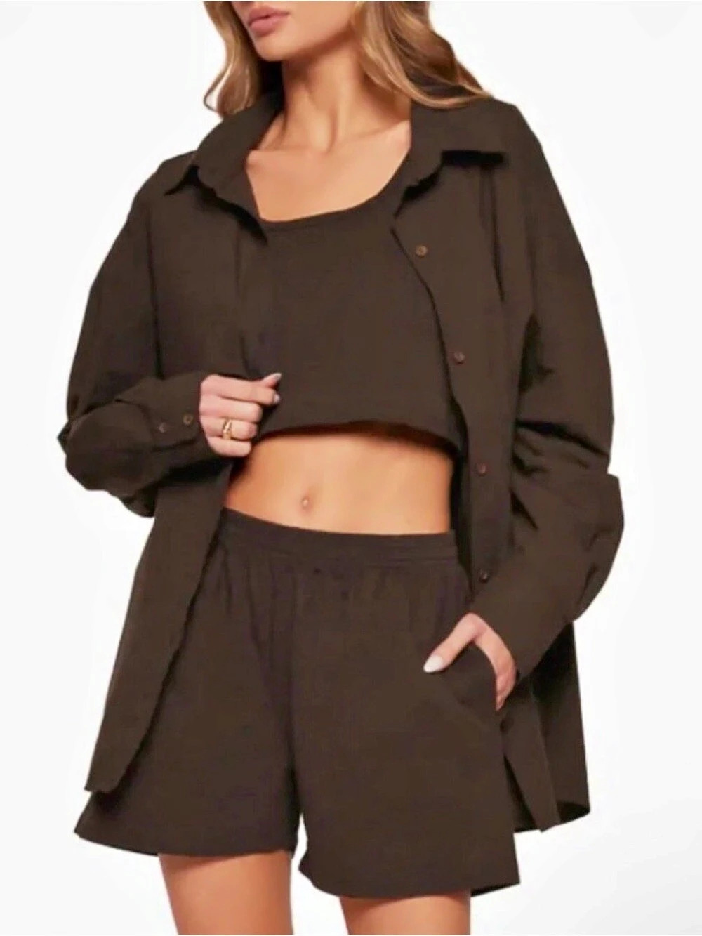 SET Active Daily Button Down Shirt in Espresso Brown XS